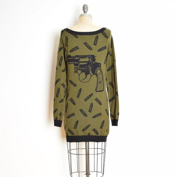 vintage Y2K dress Betsey Johnson green GUNS pistol sweater mini dress M L - Picture 7 of 10